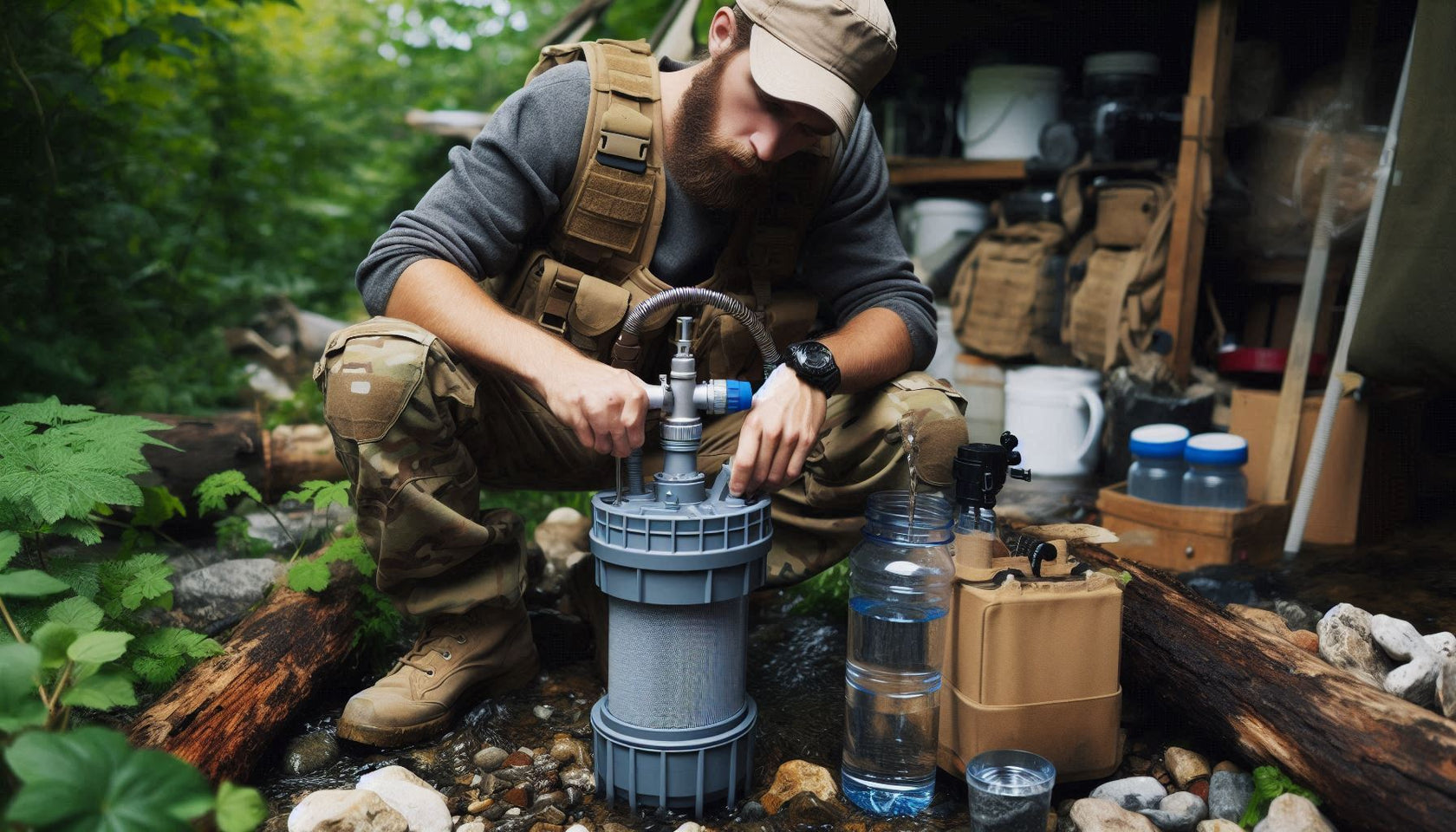 Mann filtert Wasser aus Bach im Wald