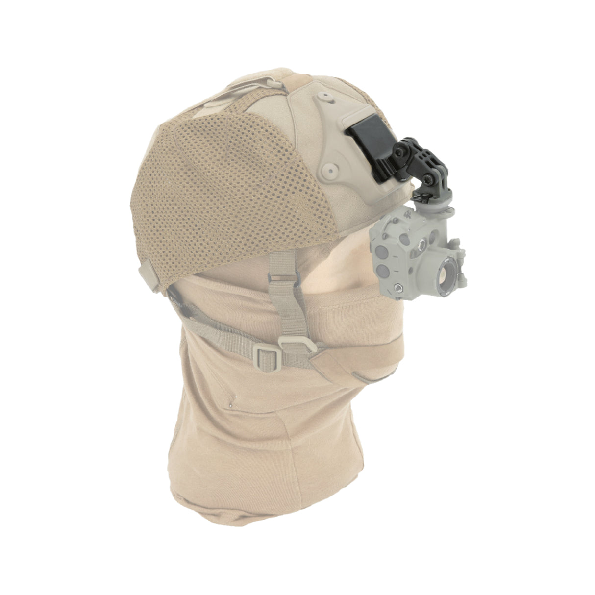 Ein Bild von einer TILO befestigt an einem Helm mithilfe der Shroud-Mount, die farblich hervorgehoben wurde.