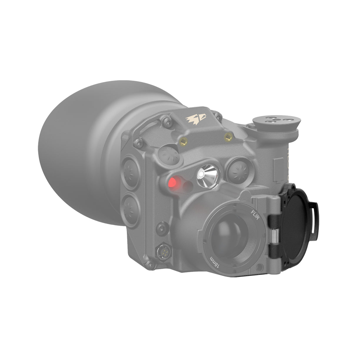 Eine 3D-Illustration von einer TILO-6. Die Klappe zum schließen der Linse ist farblich hervorgehoben.