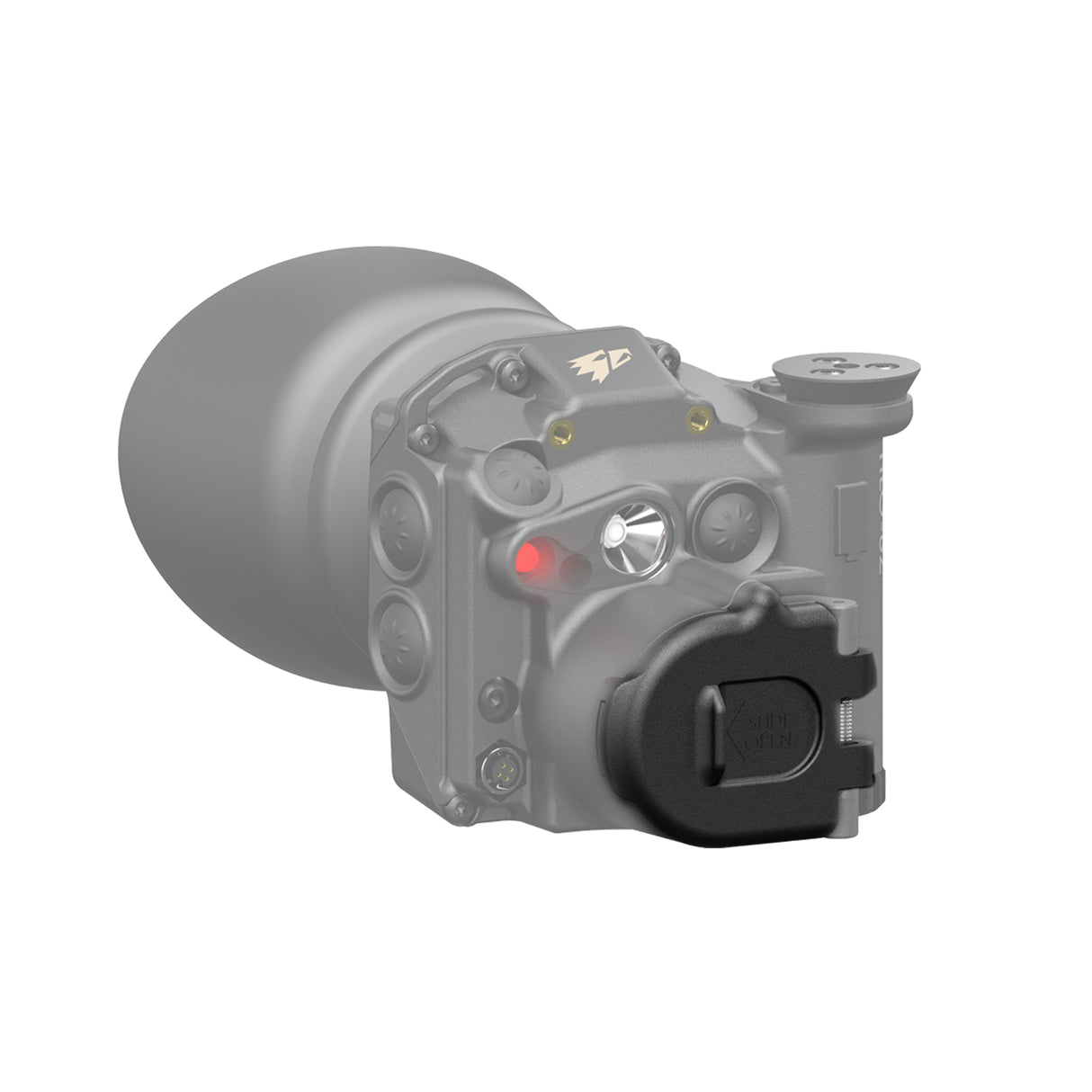 Eine 3D-Illustration von einer TILO-6. Die Klappe zum schließen der Linse ist farblich hervorgehoben.