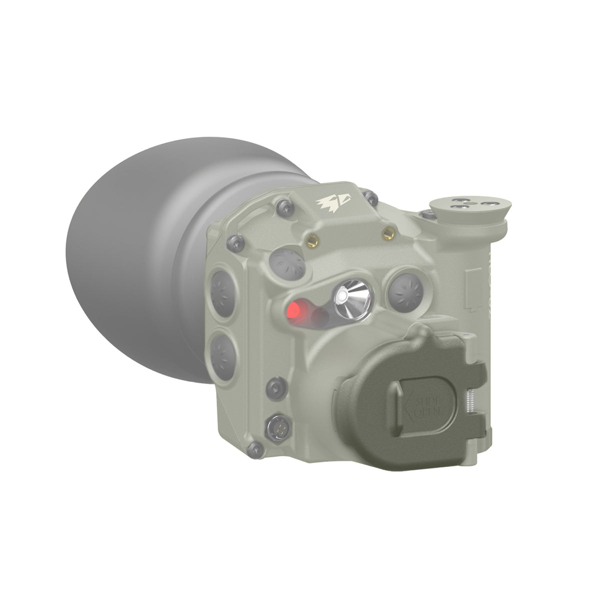 Eine 3D-Illustration einer oliven TILO mit zugeklappter Klappe. Die Klappe ist farblich hervorgehoben.