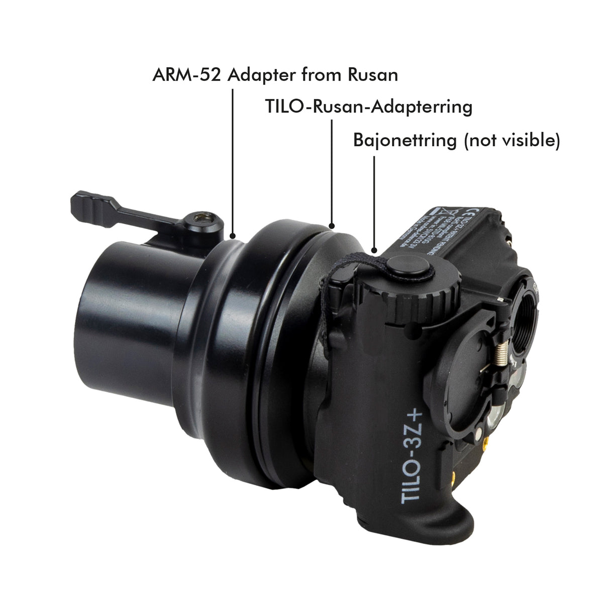 Ein beschriftetest Foto von einer TILO-3Z+ die über den TILO-Rusan-Adapterring mit einem ARM-52 Adapter von Rusan verbunden ist.