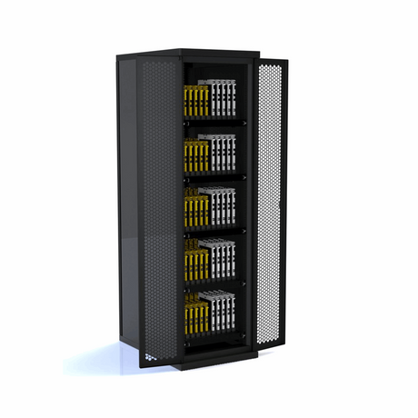 Eine 3D-Illsutration eines Schrank voll ausgestattet mit aiRacks um mehr als 100 iPads gleichzeitig aufladen zu können.
